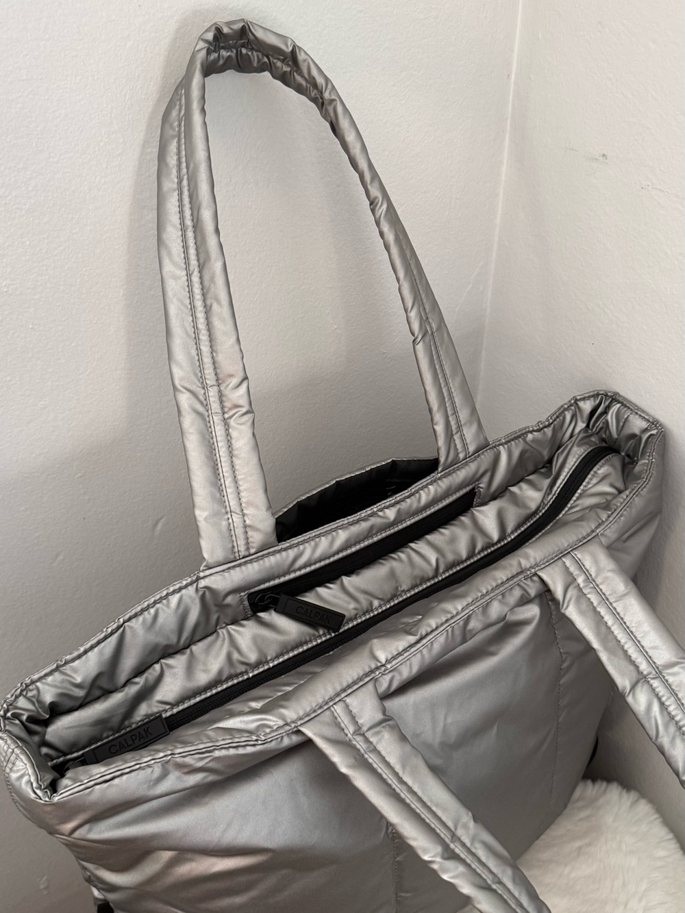 CALPAK Luka Expandable Laptop Puffy Tote Metallic Silver - Picture 6 of 9